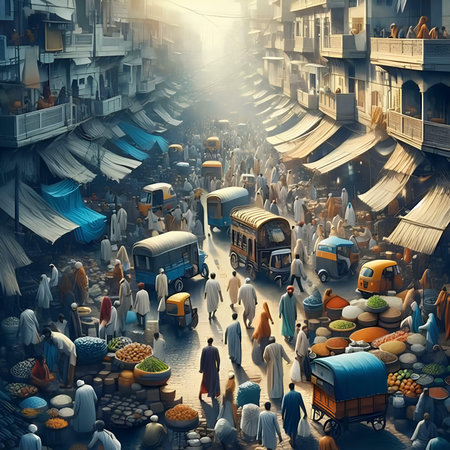 A 3D illustration of a street market in India with people walking and buying food.の素材