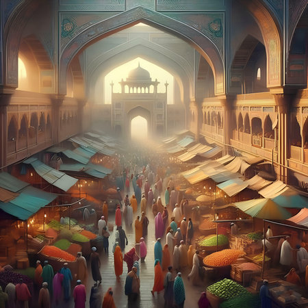 3D illustration of Muslim people walking in the mosque at night.の素材