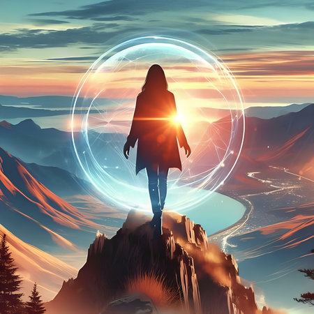 Silhouette of a girl on the top of a mountain at sunset, vector illustrationの素材