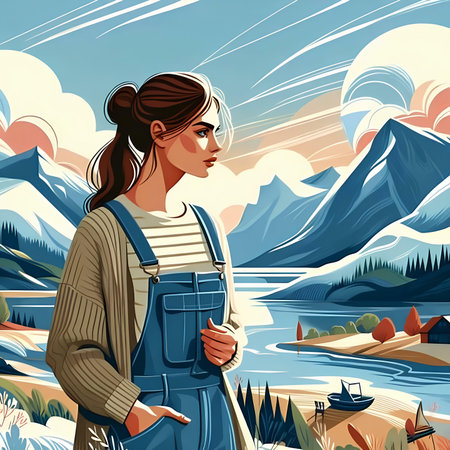 Girl in a blue overalls on the background of mountains and lakeの素材