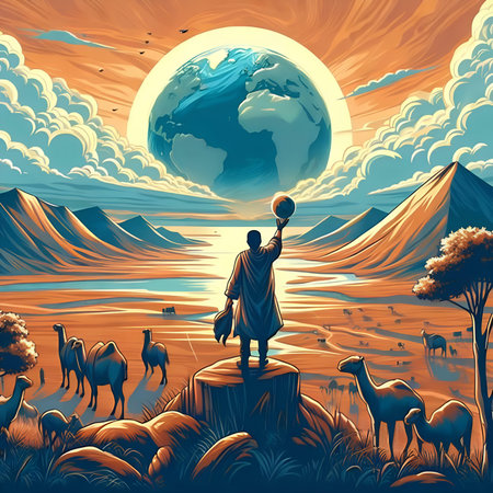 Zeus in the sky, Jupiter and camels, vector illustrationの素材