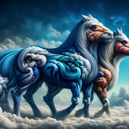 Horse in the clouds. Fantasy illustration. 3D rendering.の素材