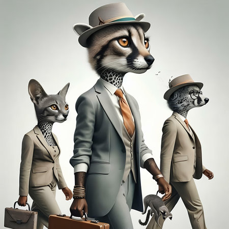 Fashionable cats in hats with briefcase and suitcases.の素材