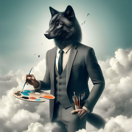 Funny wolf in suit with palette of paints and brushes on the sky backgroundの素材