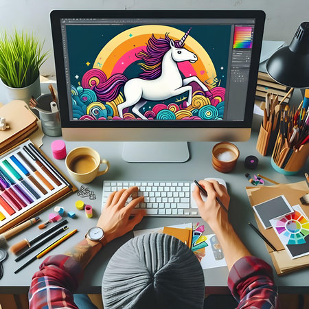 Man working on computer with unicorn drawing on screen. Top view. creative conceptの素材