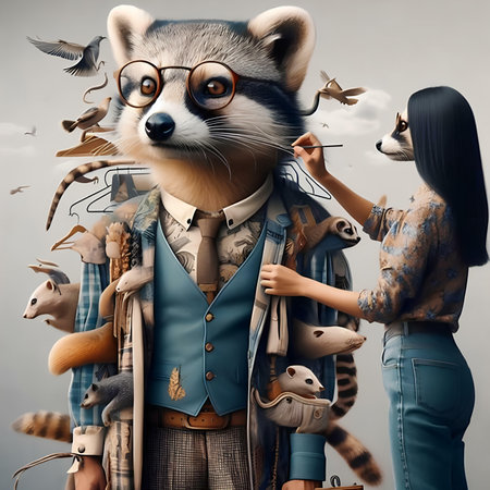 Cute hipster raccoon with a woman in the background.の素材