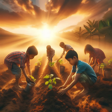 Group of asian people planting seedling in the garden at sunsetの素材