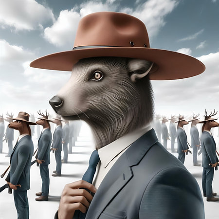 Illustration of a dog in a cowboy hat on a crowd of menの素材