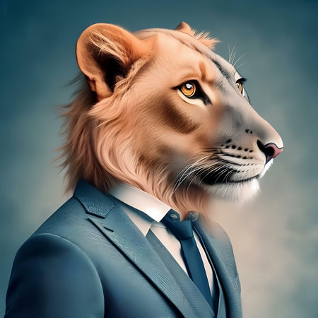 Portrait of a lion in a business suit on a gray background.の素材