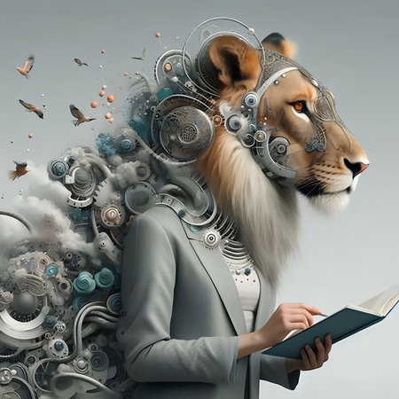 Fantasy image of a lion in a suit reading a book.の素材