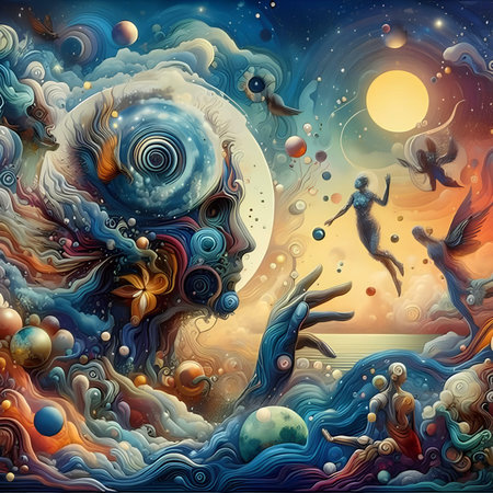 Fantasy landscape with a human head surrounded by planets and stars.の素材
