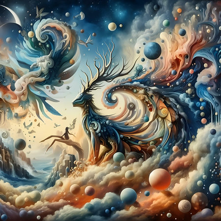 Fantasy landscape with fantasy dragon and planets. 3D illustration.の素材