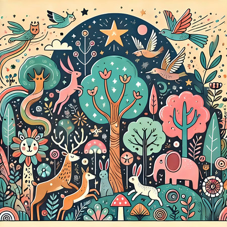 Hand drawn vector illustration of a cute forest with animals, birds and plants.の素材
