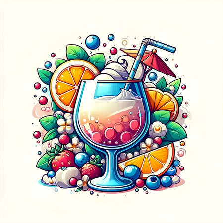 Cocktail with fruits and ice cream. Colorful vector illustration.の素材