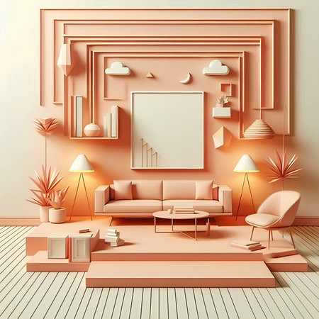 Interior of modern living room with pink sofa. 3D renderingの素材
