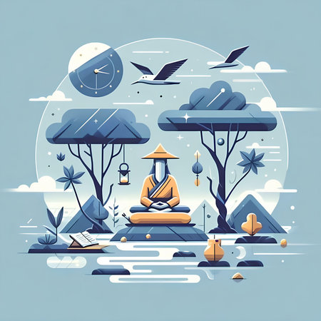 Buddha meditation in the park. Vector illustration in flat styleの素材