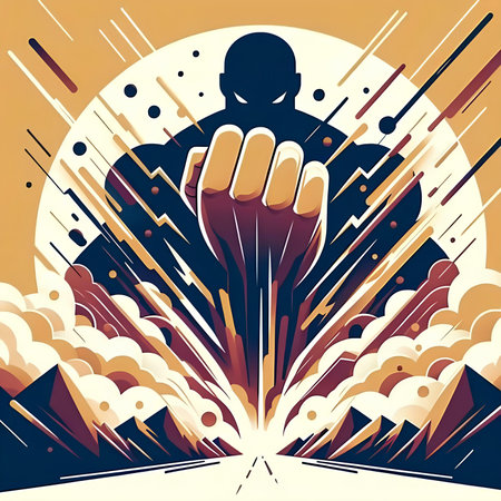 Vector illustration of a man with his hands raised in the air.の素材