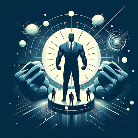 Businessman on pedestal surrounded by human silhouettes. Vector illustration.の素材