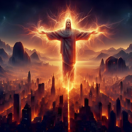 Jesus Christ on the background of the city. 3D illustration.の素材