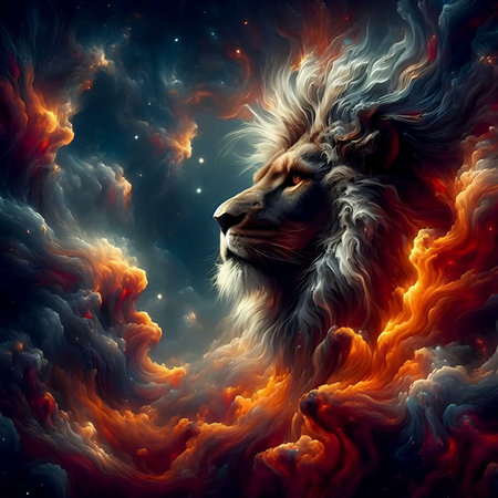 Lion with fire effect in space. Fantasy fractal illustration.の素材