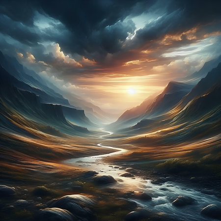 Fantasy landscape with river and mountains. 3D illustration. Vintage style.の素材