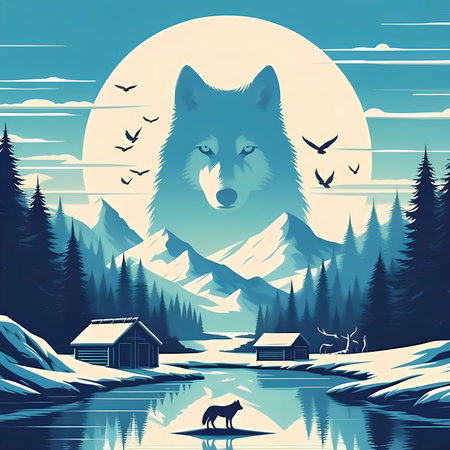 Winter landscape with a wolf and a house in the mountains. Vector illustration.の素材