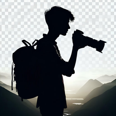 Silhouette of a photographer with a camera on the background of the mountainsの素材