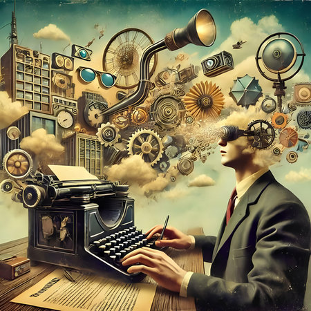 Businessman with typewriter on the background of the city and gearsの素材