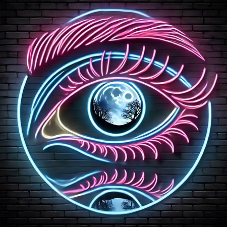 Eye of God in neon light on brick wall background. Vector illustration.の素材