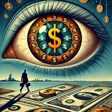 Eye with dollar and coin on the background of the city. Digital illustration.の素材