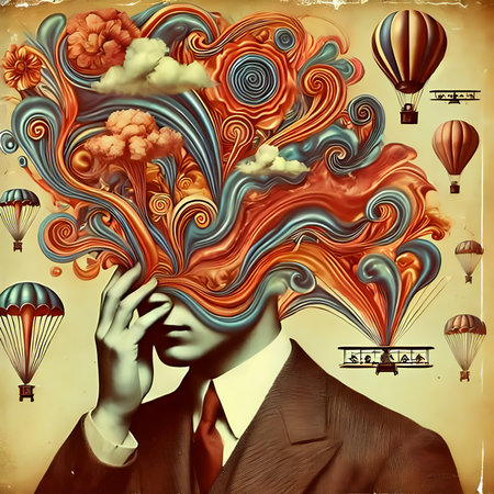 Businessman with cloud and hot air balloons. Retro style illustration.の素材