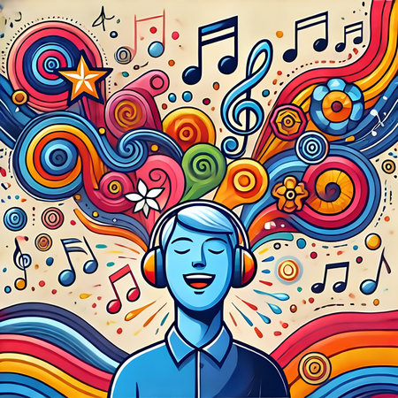 Vector illustration of a man listening to music with headphones on colorful backgroundの素材