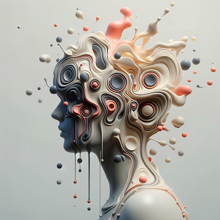 3d rendering of a female robot head with colorful abstract background.の素材