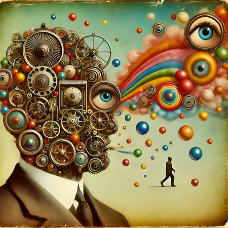 Surrealism. A man in a suit with gears and mechanisms.の素材