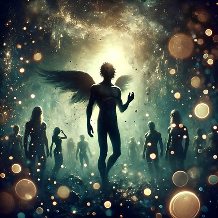 Fantasy scene with a silhouette of a female angel. 3d renderの素材