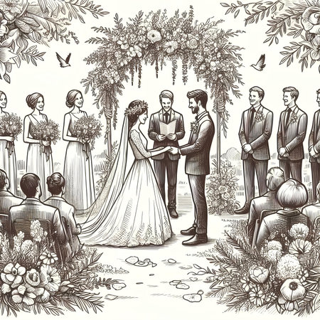 Wedding ceremony. Engraving of a bride and groom.の素材