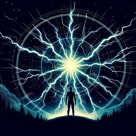 Silhouette of a man in front of a big sun with lightningの素材