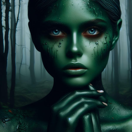 Portrait of a beautiful woman with green makeup. Halloween theme.の素材