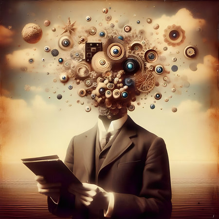 Businessman with head made of gears and symbols floating out of itの素材