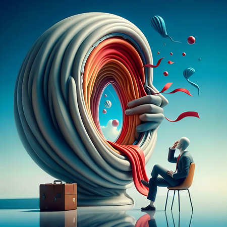 Businessman sitting on a chair and looking at an abstract spiral.の素材