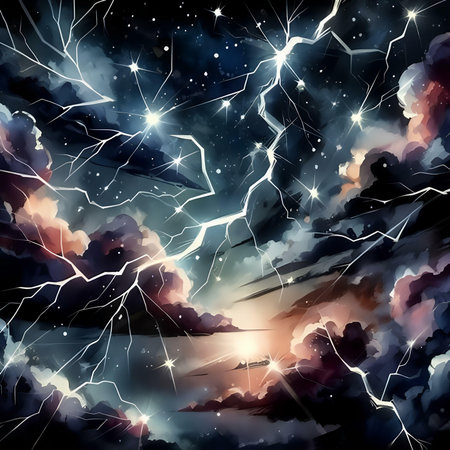 Night sky with lightning and stars. Vector illustration. Eps 10.の素材