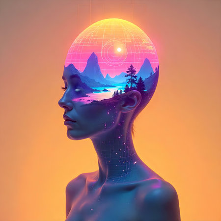 3D rendering of a female head with a hologram of a mountain landscape.の素材