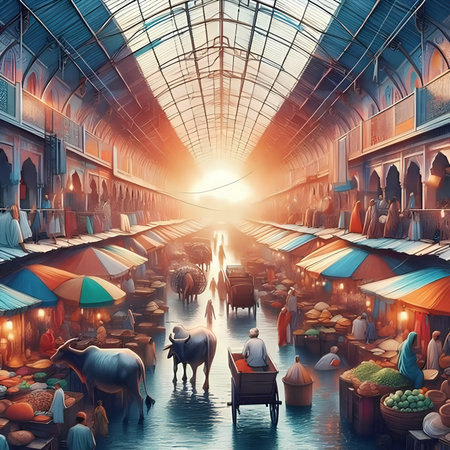 Fairytale market in the old city. 3D rendering.の素材