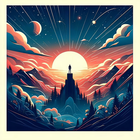 Fantasy landscape with man standing on the top of the mountain. vector illustrationの素材