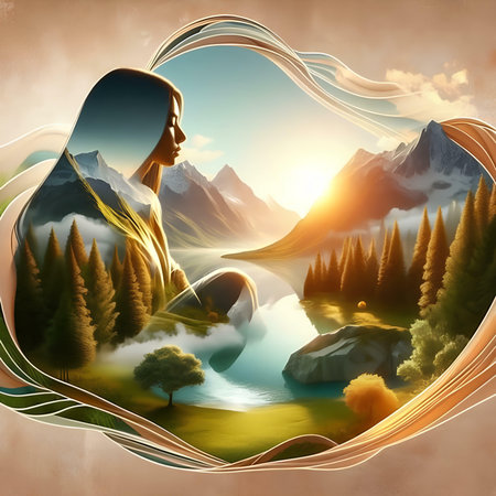 Mystical scene with a beautiful woman and mountains in the backgroundの素材