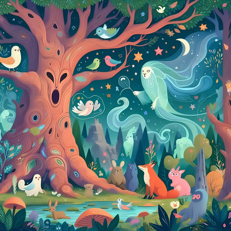 Forest landscape with animals and birds. Vector illustration in cartoon style.の素材