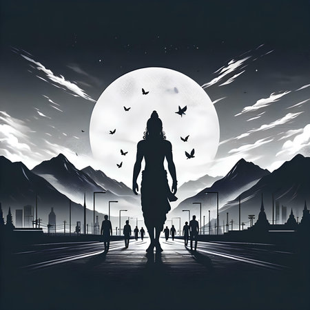 Silhouette of a woman walking in front of a full moonの素材