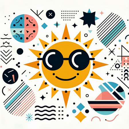 Cute sun with glasses and geometric elements in retro style. Vector illustration.の素材