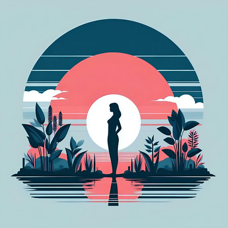 Silhouette of a beautiful woman on the lake at sunset.の素材