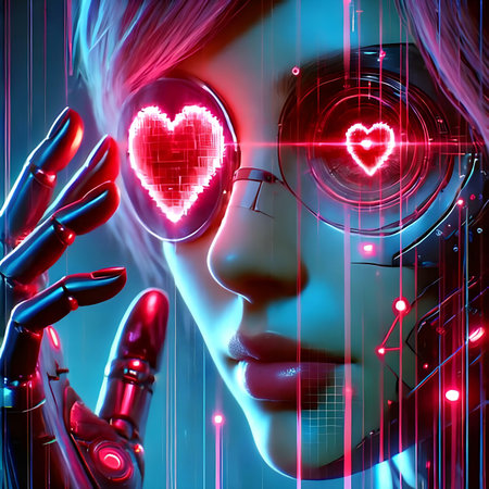 3d rendering female robot with heart in her hand on digital backgroundの素材